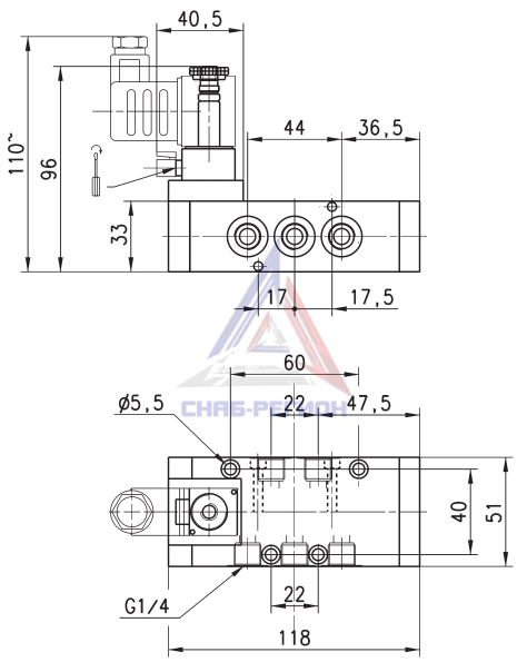 Габаритные размеры пневмораспределителя Camozzi 454-V15-22 Габаритные размеры пневмораспределителя Camozzi 454-V15-22