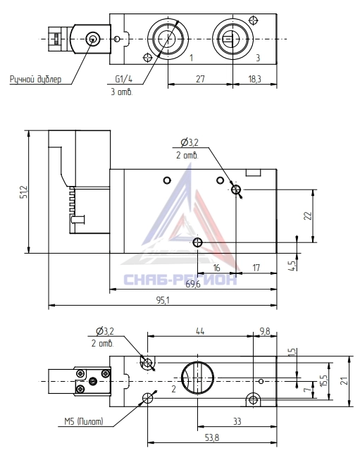 Габаритные размеры пневмораспределителя Camozzi HS32NO-PED3-G14-3C-1000