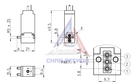 Габаритные размеры пневмораспределителя Camozzi PN000-301-P56