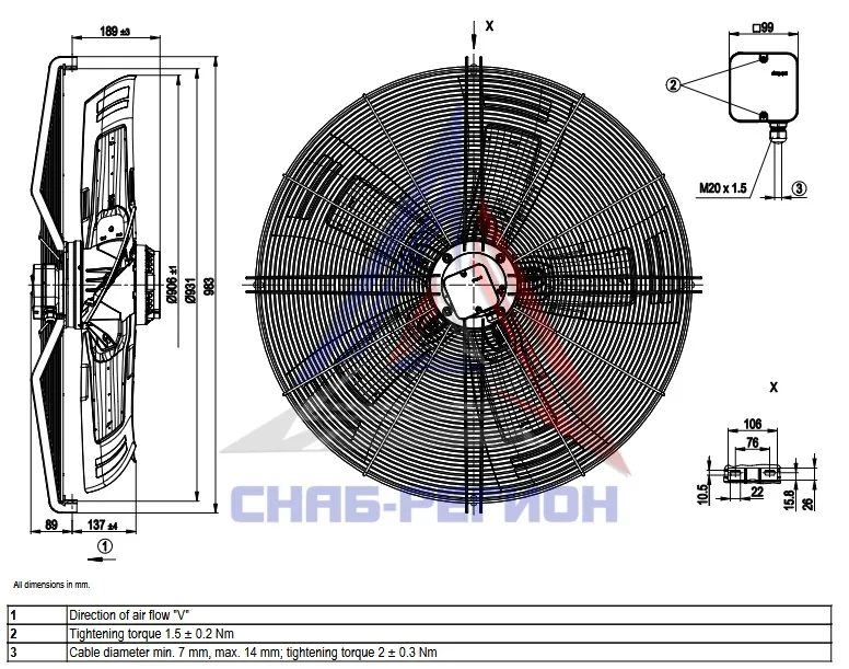 Габаритный чертёж осевого вентилятора S8D910-CD03-01 Эбм Габаритный чертёж осевого вентилятора S8D910-CD03-01 Эбм