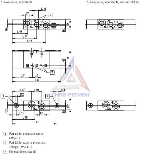 Габаритные размеры пневмораспределителя Festo VUWS-L20-M52-A-G18 Габаритные размеры пневмораспределителя Festo