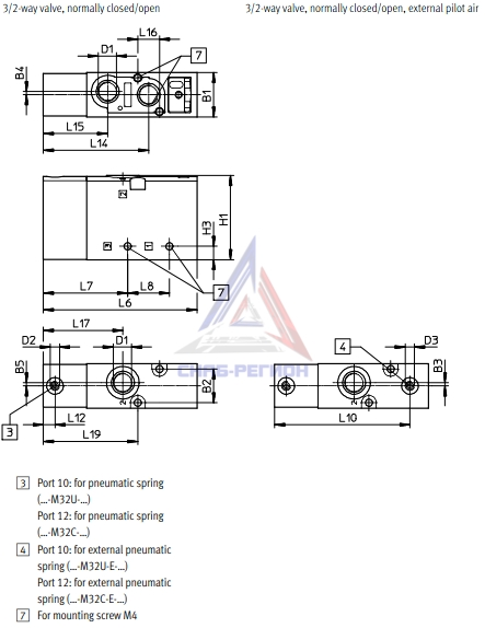Габаритные размеры пневмораспределителя Festo VUWS-L25-M32C-E-G14 Габаритные размеры пневмораспределителя Festo