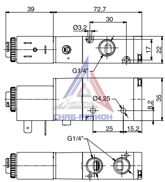 Габаритные размеры пневмораспределителя Pneumax 8884.32.C.39.F00